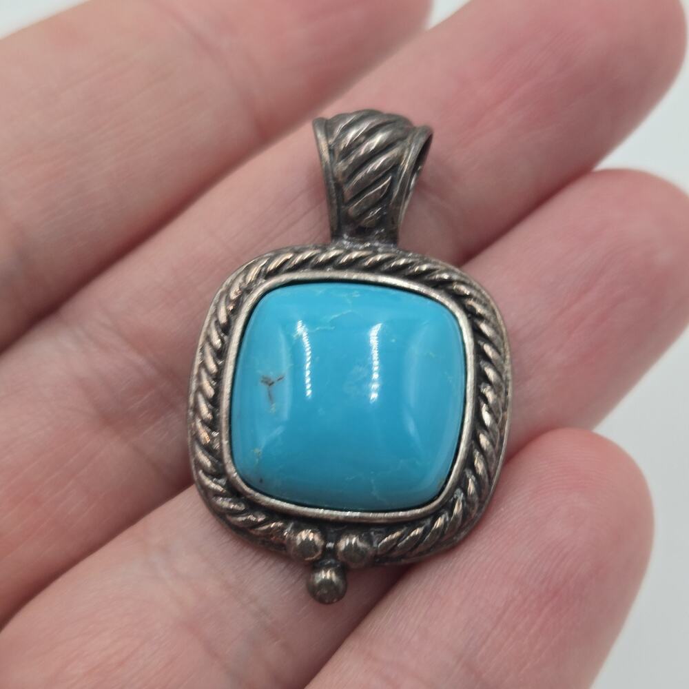 Vintage Sterling Silver Signed CN 925 GSJ Turquoise Pendant Large Square Blue